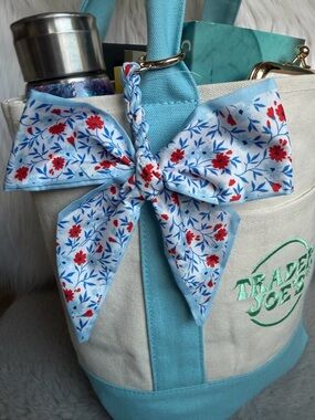 Trader Joe's Limited Edition Pastel Mini Blue Canvas Tote Bag with Floral Charm